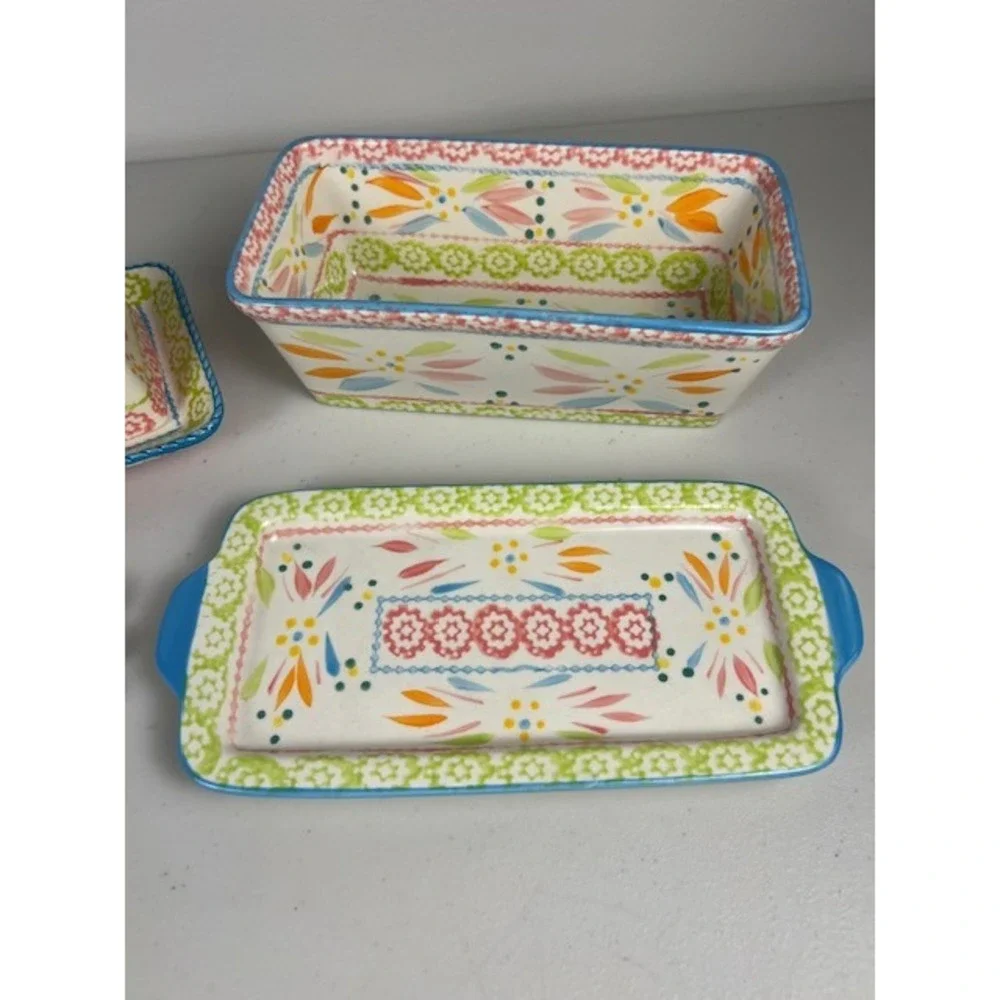 Temp-tations Old World Ceramic Butter Dish Loaf Pan Tray Measuring Spoons Set